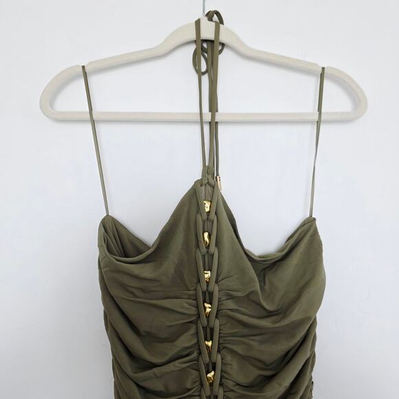 Cult Gaia Calian Ruched Halter Bodycon Dress Green Tea Gold Tone Hardware Large - Picture 6 of 8
